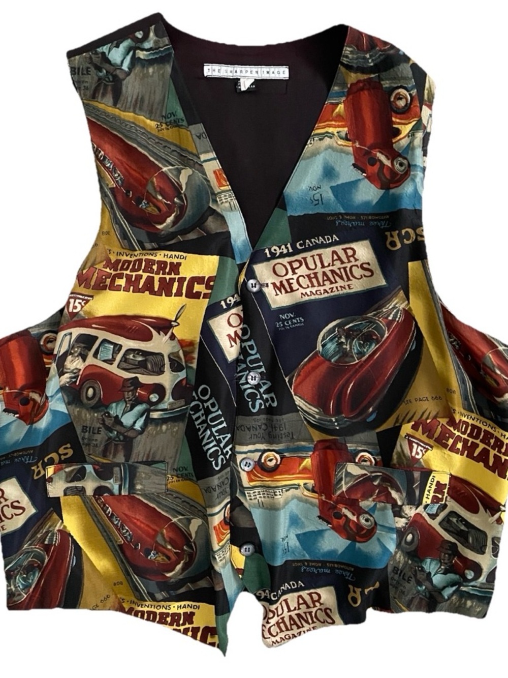 SHARPER IMAGE Vintage SILK VEST MODERN MECHANICS Magazine Novelty Print Size L